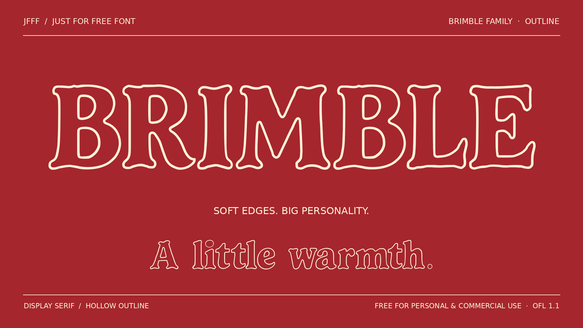 BRIMBLE Outline hollow display serif, cream outline lettering on warm red.