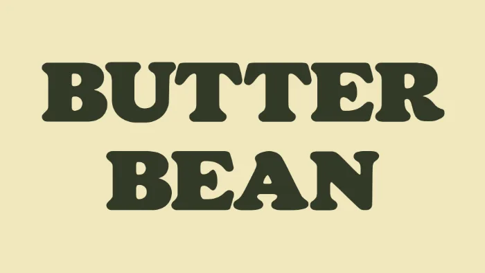 BUTTER BEAN Regular actual-font specimen, chunky rounded-serif lettering in dark olive on warm butter yellow.