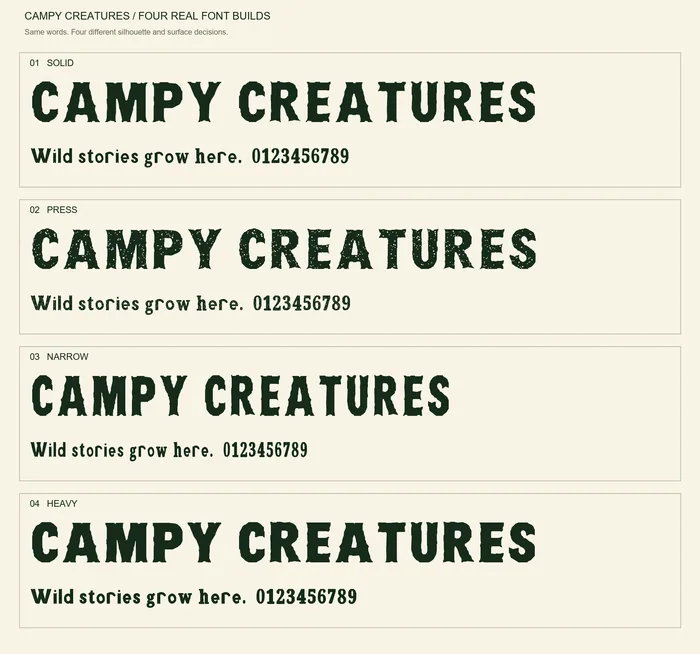 The same words rendered in Solid, Press, Narrow and Heavy, the four included font styles.