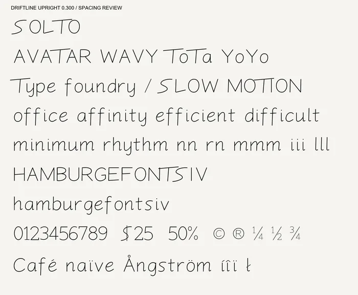 Driftline Upright capitals, lowercase, figures and symbols.