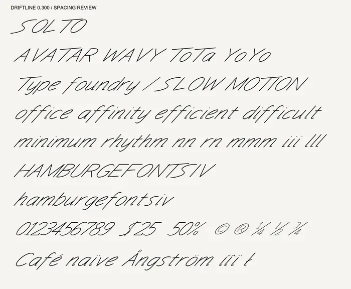 Driftline Slanted capitals, lowercase, figures and symbols.