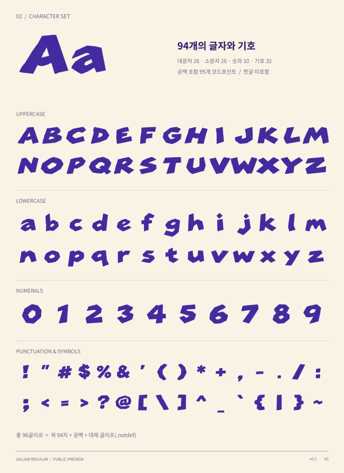 JAGJAM character set: uppercase, lowercase, numerals, 32 symbols; 95 encoded codepoints including space