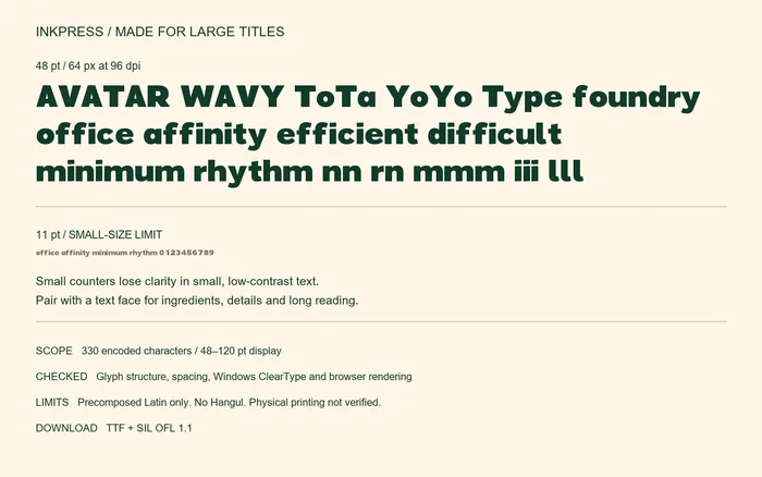 Inkpress at 48 pt with dense word proofs, compared with an 11 pt low-contrast line that demonstrates its small-text limitation.