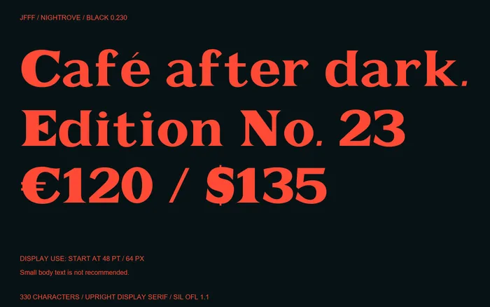 Nightrove headline examples; recommended from 48 pt, not for small body text.