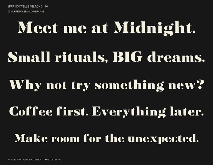 Noctelle Black mixed sentence specimens on a dark background.