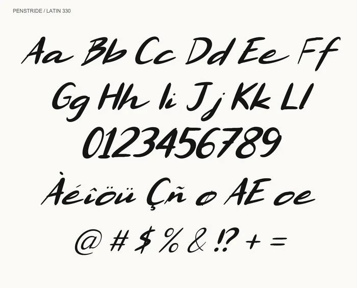 Penstride: letters, numerals, punctuation and accents.