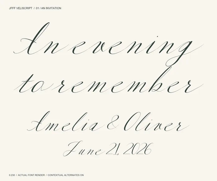 Veliscript 0.230: An evening to remember. Actual font invitation specimen.