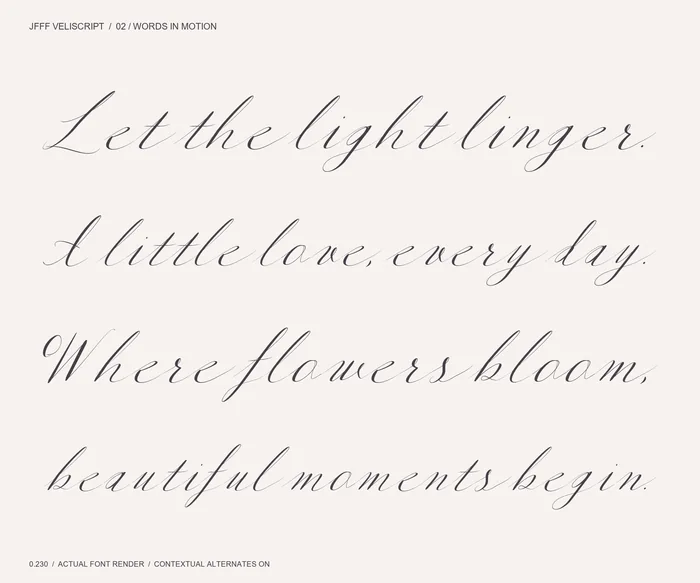 Veliscript: mixed sentences showing contextual forms.