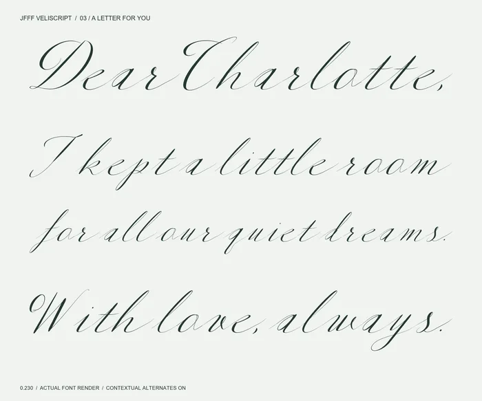 Veliscript: Dear Charlotte. Actual font letter specimen.