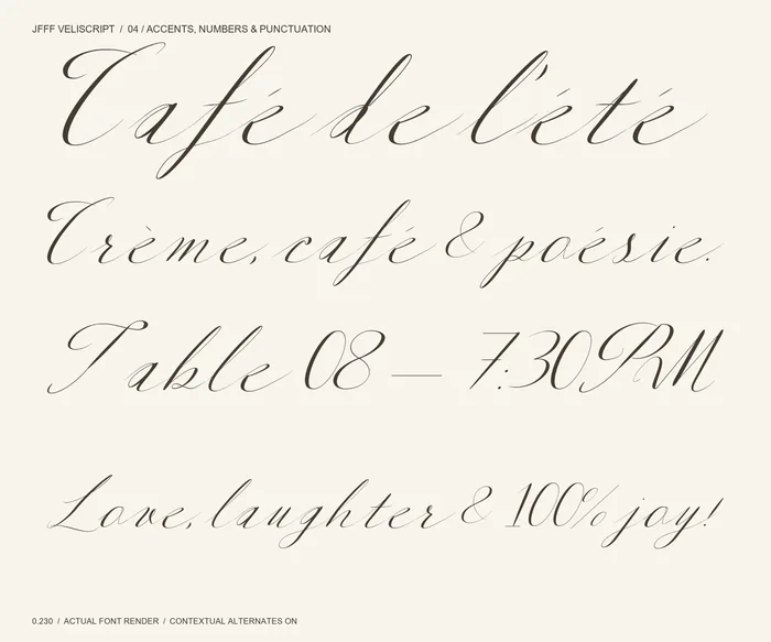 Veliscript: accents, dates, numbers and punctuation.
