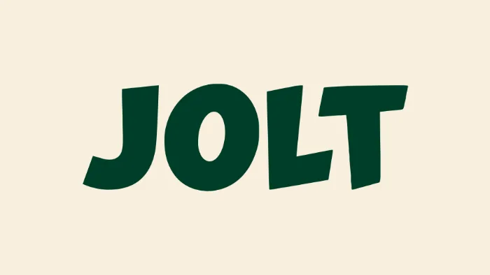 JOLT Regular actual-font specimen, heavy dark-green angled letters on warm cream.