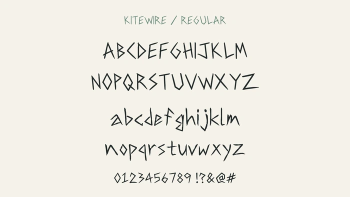 KITEWIRE uppercase, lowercase, figures and selected symbols in the actual font.