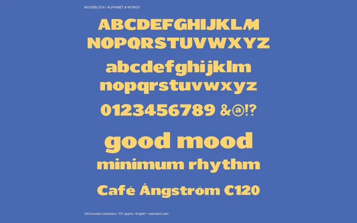 Moodblock uppercase A–Z, lowercase a–z, numbers and sample words.
