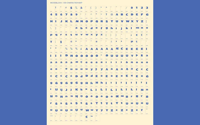 Moodblock complete 330-character repertoire, including accented Latin and punctuation.