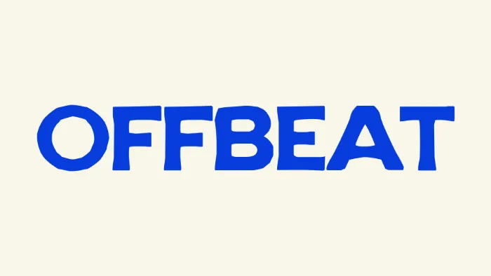 OFFBEAT Regular actual-font specimen, blue cut-paper lettering on warm cream.