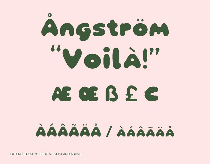 Pufflet extended Latin, accents, ligatures and currency symbols.
