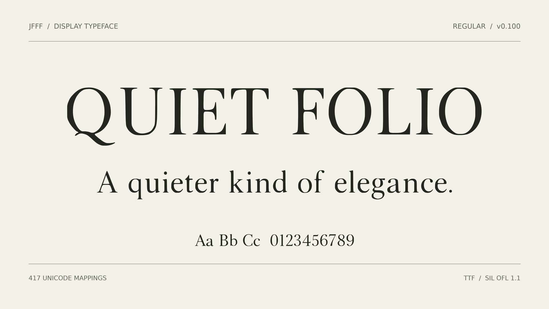 QUIET FOLIO display serif specimen for bookish titles.