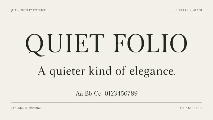 QUIET FOLIO display serif specimen for bookish titles.