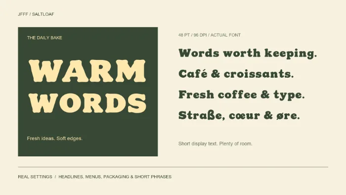SALTLOAF bakery-style headline and 48-point text examples demonstrating packaging, menu and headline use.