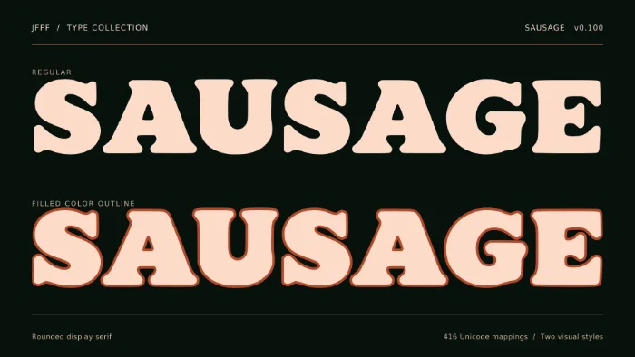 SAUSAGE Regular and peach-filled, rust-bordered Outline compared on a dark background. This download contains the COLR v0 Outline TTF only.
