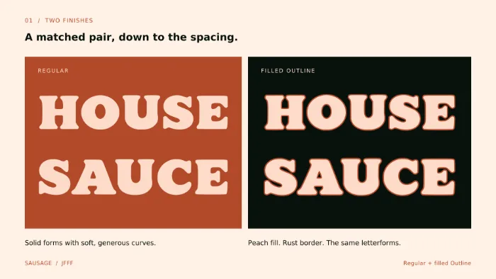 HOUSE SAUCE compares matching SAUSAGE Regular and filled color Outline letterforms. Color-font support varies by application.