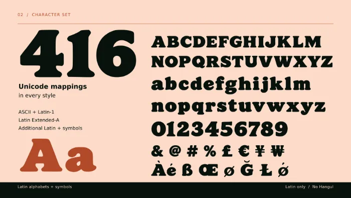 SAUSAGE Latin uppercase, lowercase, digits, accented letters and symbols; 416 Unicode mappings, including combining marks and spaces. No Hangul.