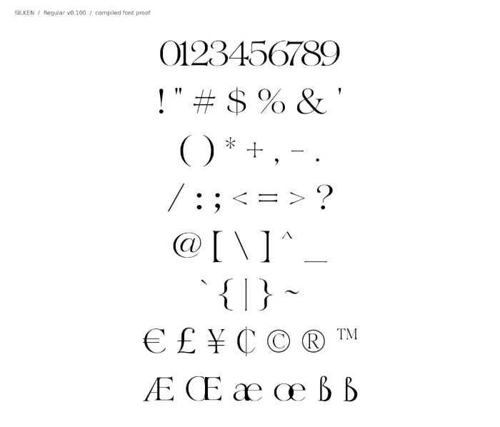 SILKEN numerals and punctuation rendered from the compiled font