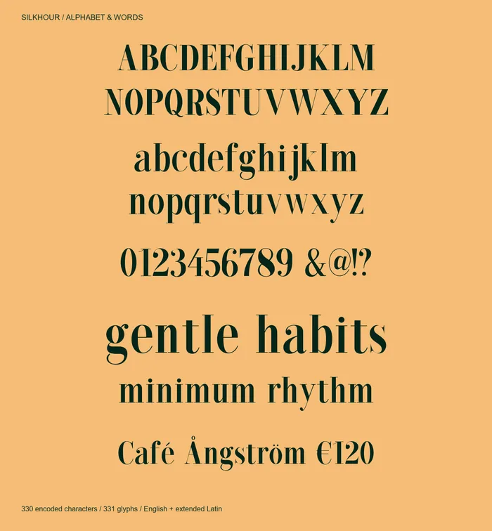 Silkhour uppercase, lowercase, figures and words.