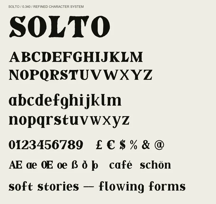 SOLTO uppercase, lowercase, numerals, Latin accents and symbols.