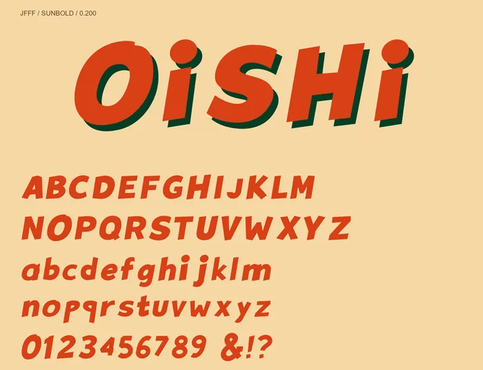 Sunbold cartoon display font: uppercase, lowercase and figures. The green shadow is an artwork effect.