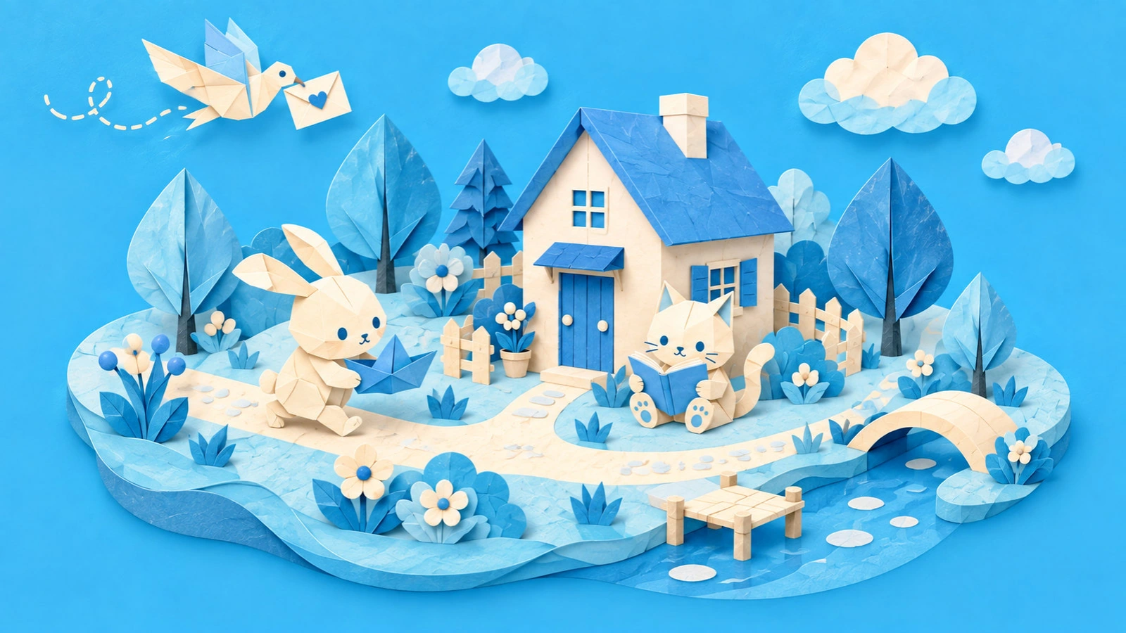 A handmade paper village with rabbits and flowers.