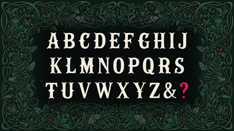 Uppercase A to Z, an ampersand and a berry-red question mark in cream Campflare capitals inside a dense border of vines and berries.