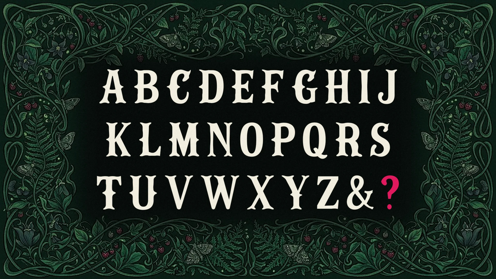 Uppercase A to Z, an ampersand and a berry-red question mark in cream Campflare capitals inside a dense border of vines and berries.