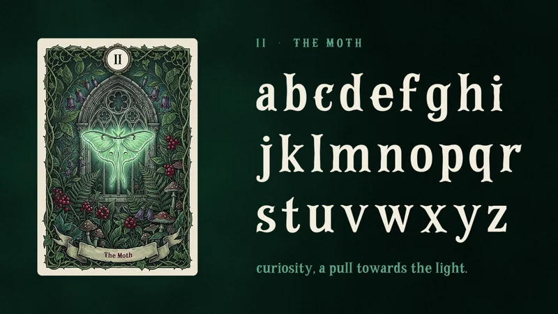 Lowercase a to z in three rows of cream Campflare beside the tarot card II The Moth, a glowing luna moth in a gothic window.
