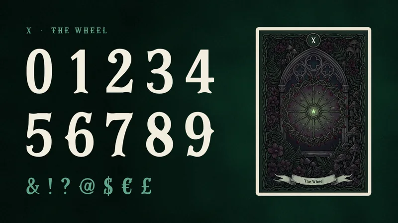 The numerals 0 to 9 and the signs & ! ? @ $ € £ in Campflare beside the dark tarot card X The Wheel.