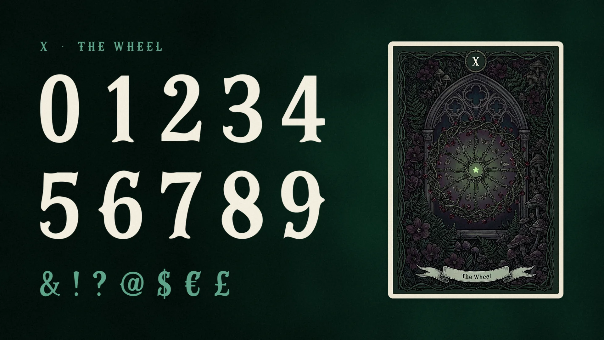 The numerals 0 to 9 and the signs & ! ? @ $ € £ in Campflare beside the dark tarot card X The Wheel.