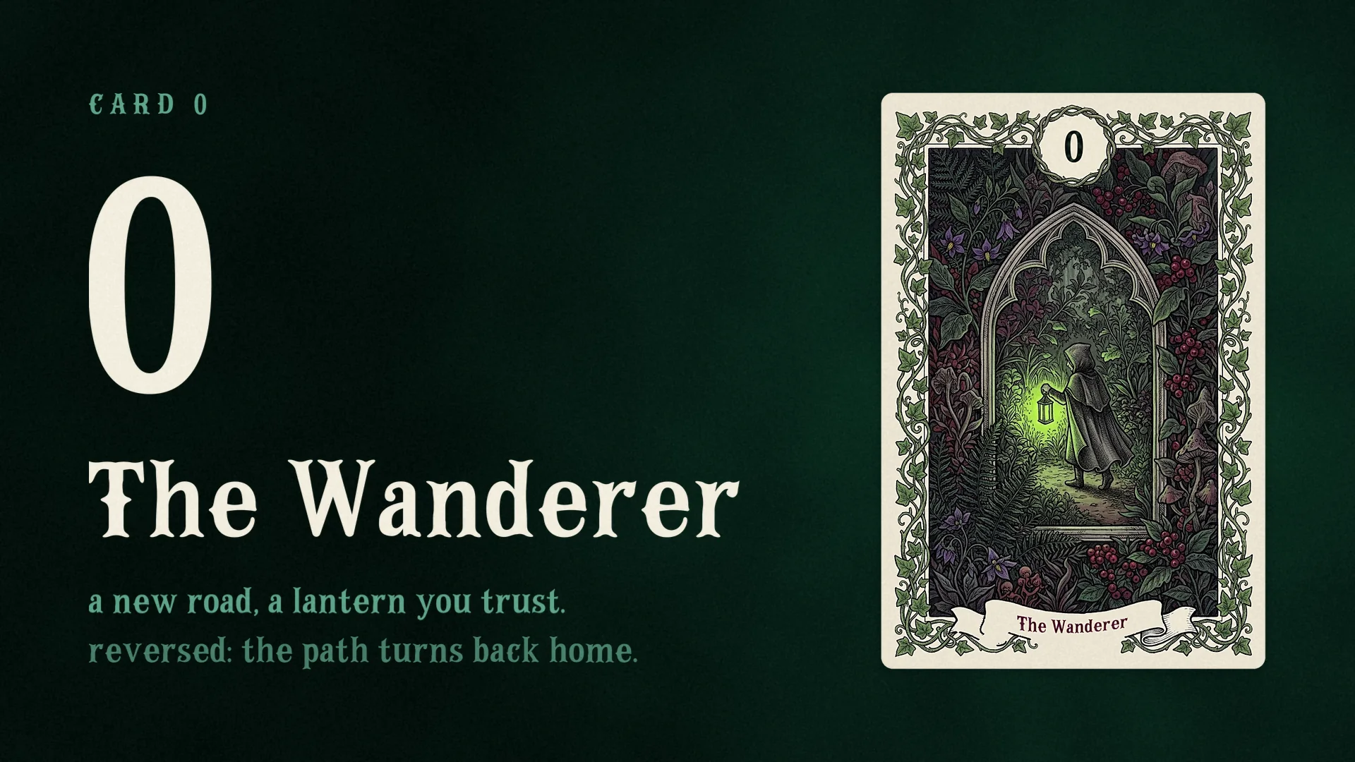 The number 0 and the name The Wanderer in Campflare beside the tarot card of a cloaked wanderer carrying a green lantern down a garden path.
