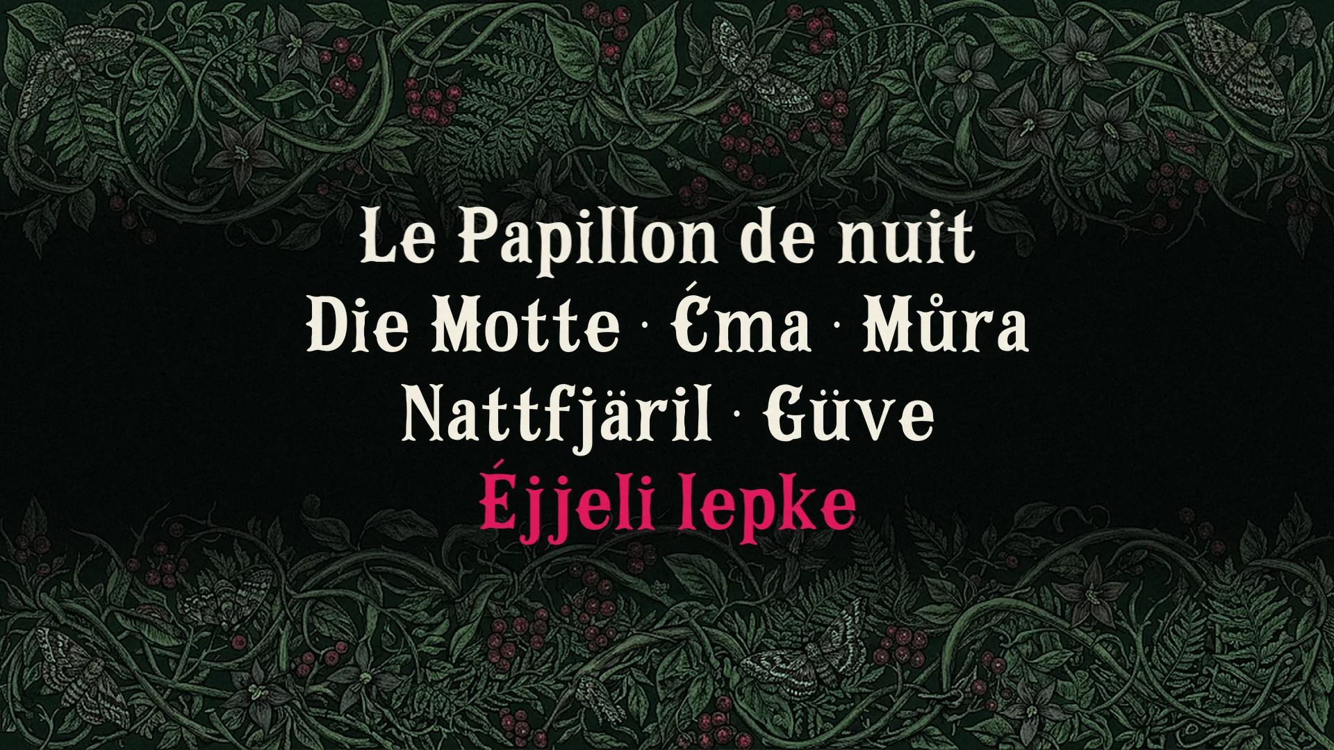 The word moth in several languages set in Campflare with accented letters: Le Papillon de nuit, Die Motte, Ćma, Můra, Nattfjäril, Güve and, in berry red, Éjjeli lepke.