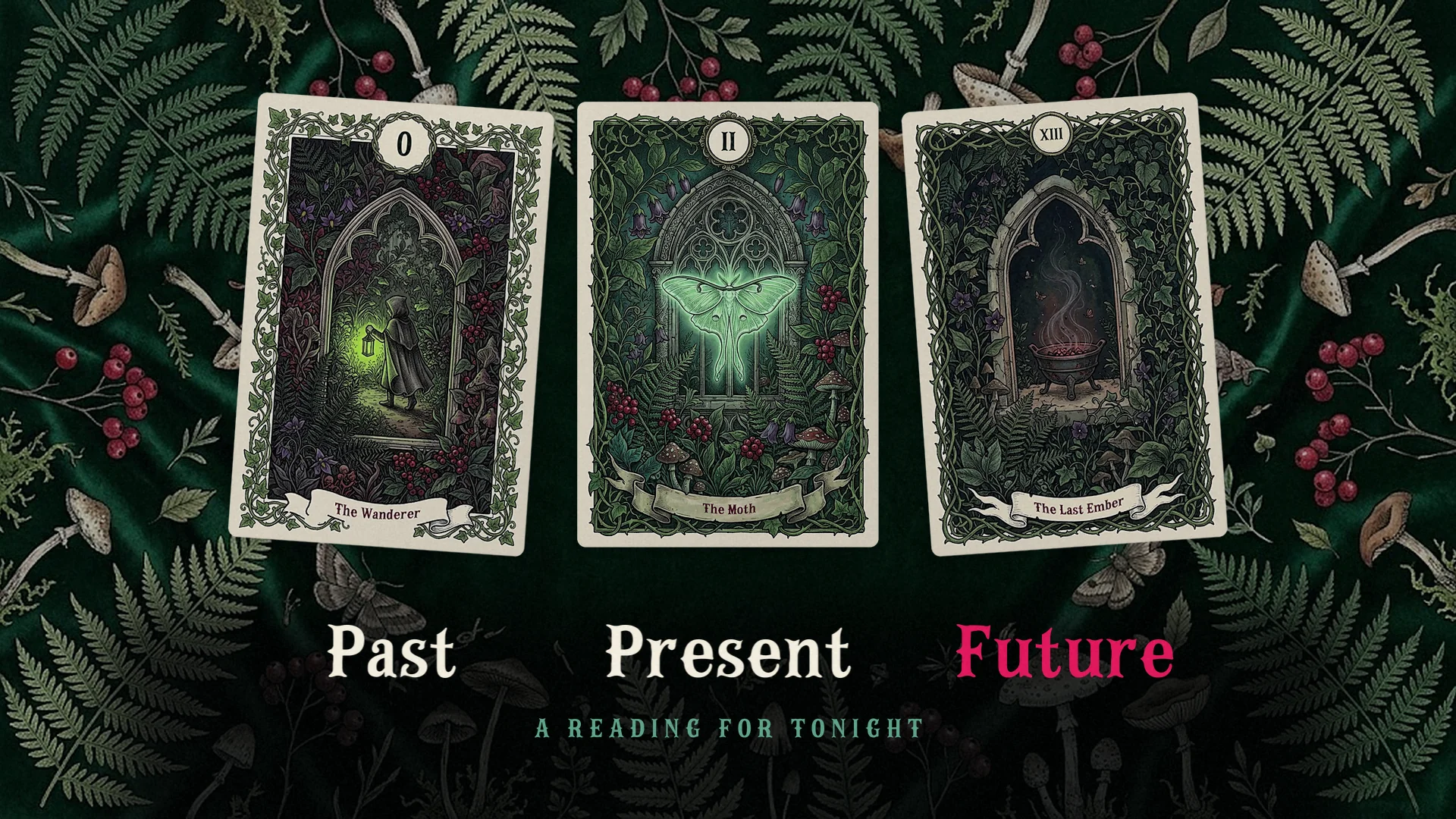 A three-card tarot reading on dark green velvet among ferns and berries, The Wanderer, The Moth and The Last Ember, labelled Past, Present and Future in Campflare.