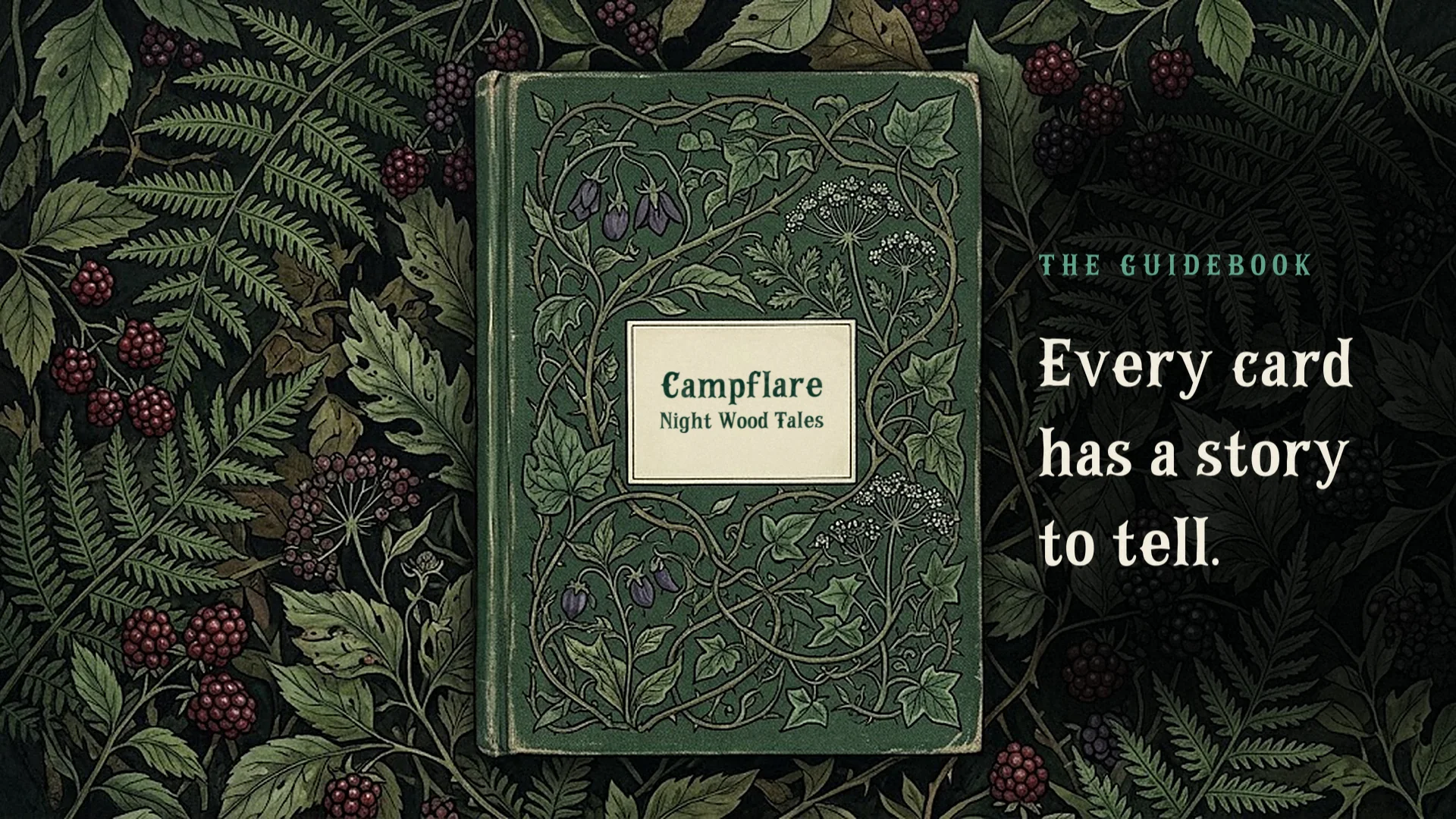 A cloth-bound guidebook among ferns and blackberries with a cream label printed Campflare, Night Wood Tales, beside the words Every card has a story to tell.