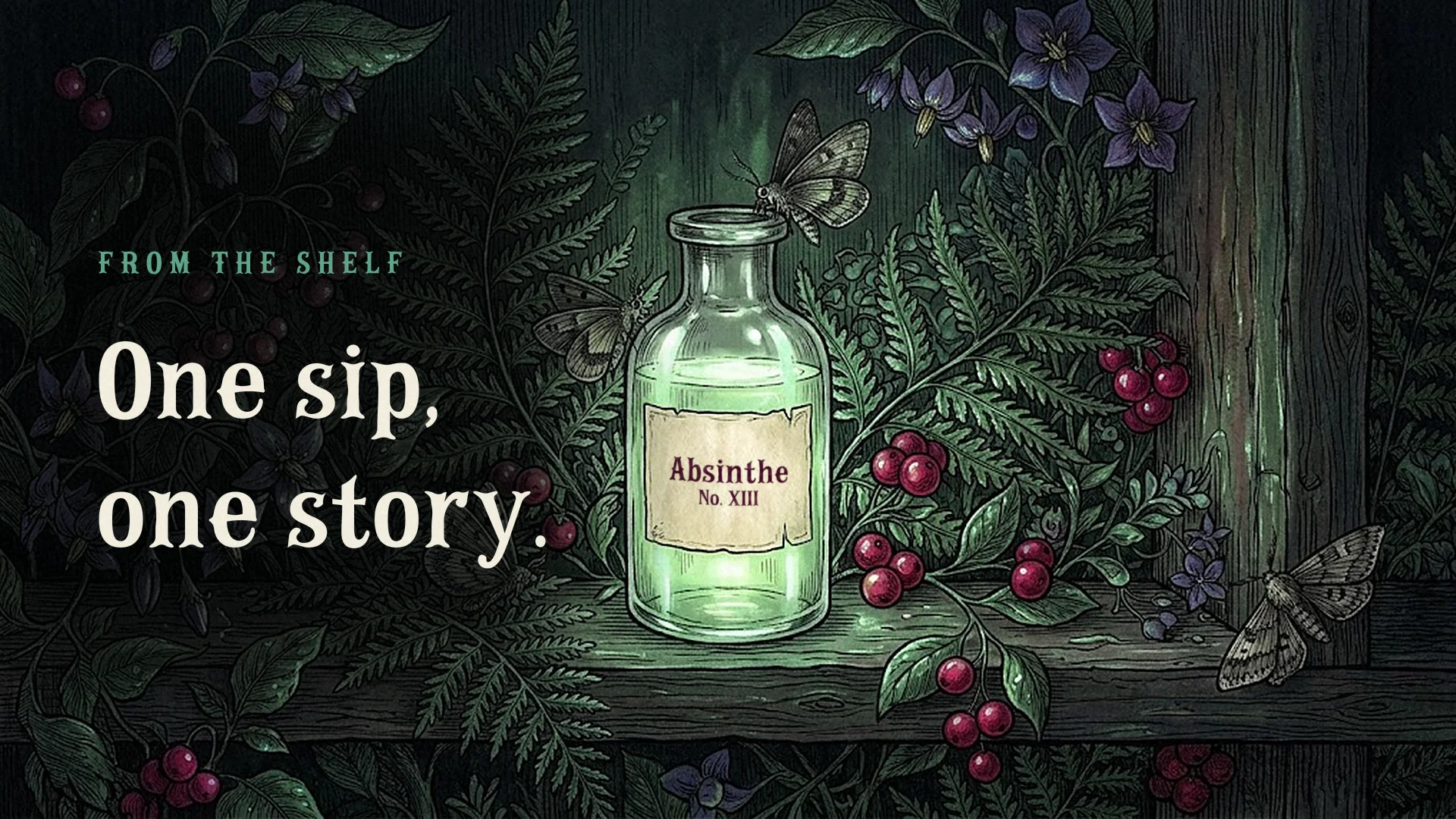 A small bottle of glowing green absinthe on a dark shelf, its paper label printed Absinthe No. XIII, beside the words One sip, one story.