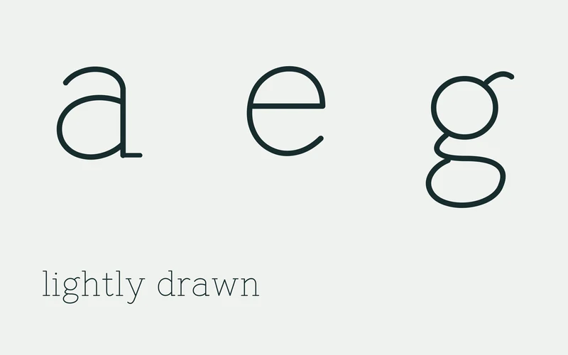 FINEFIELD lowercase a, e and g enlarged to show their light, open contours.