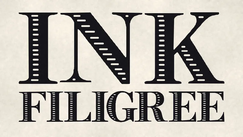 INK FILIGREE set in two lines of heavy black inline serif capitals on laid paper, every thick stroke cut with a line of white slits.