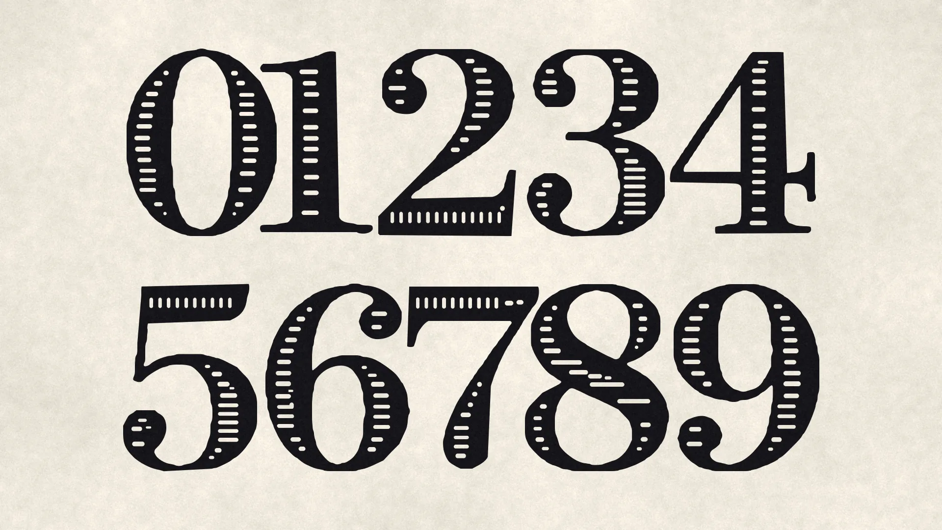 Numerals 0 to 9 of INK FILIGREE in two large rows of black figures on laid paper.