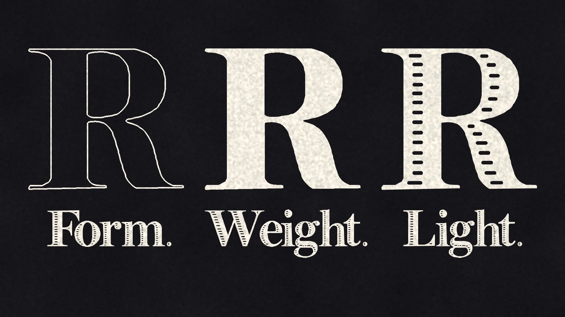 Three capital R letters on black: an outline R labelled Form., a solid R labelled Weight. and the slit inline R labelled Light.