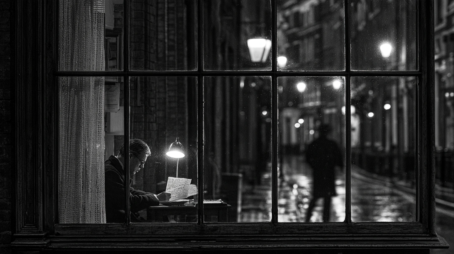 A monochrome night-time writing scene.