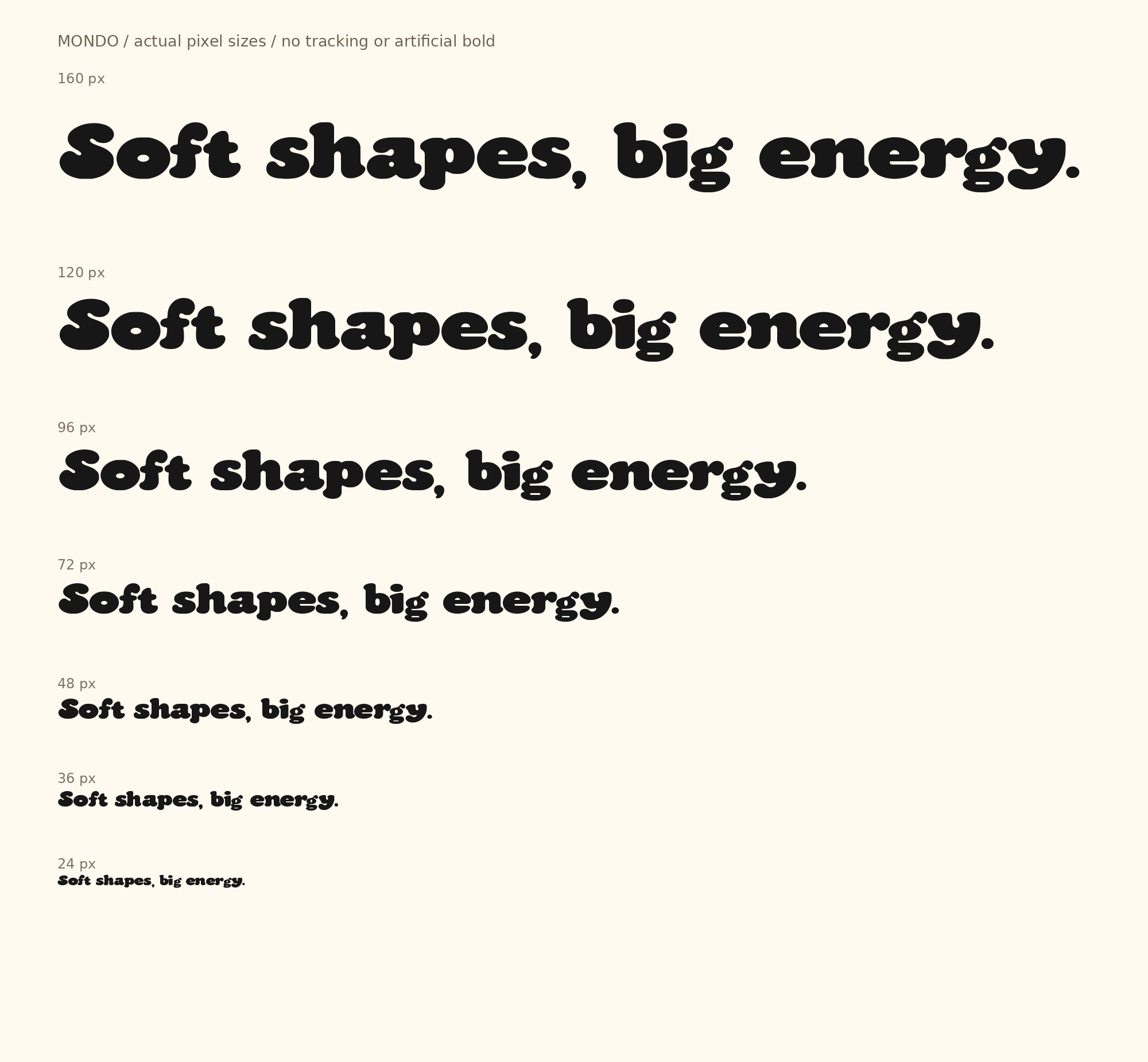 Original MONDO size proof showing its large-letter strength and compact counters at small sizes.