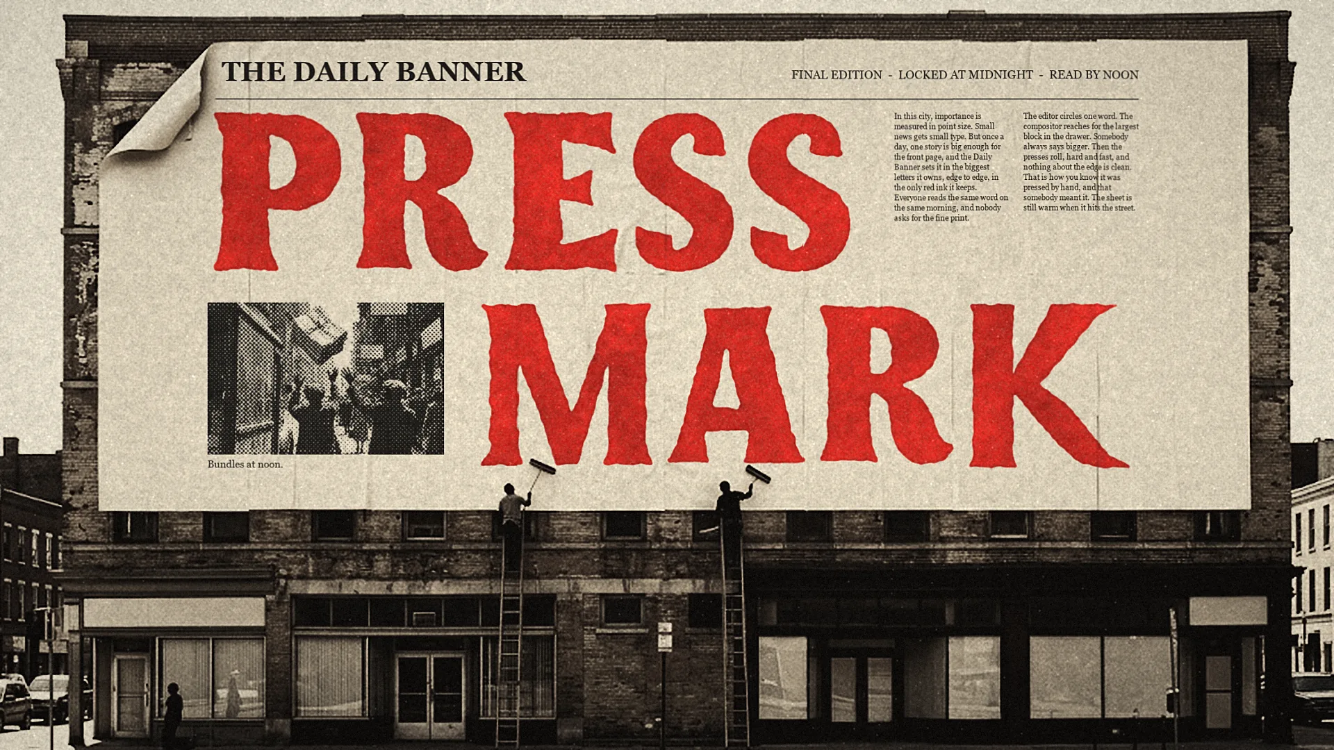 A building wrapped in a giant newspaper front page headlined PRESS MARK in red, two workers on ladders pasting its last sheet.
