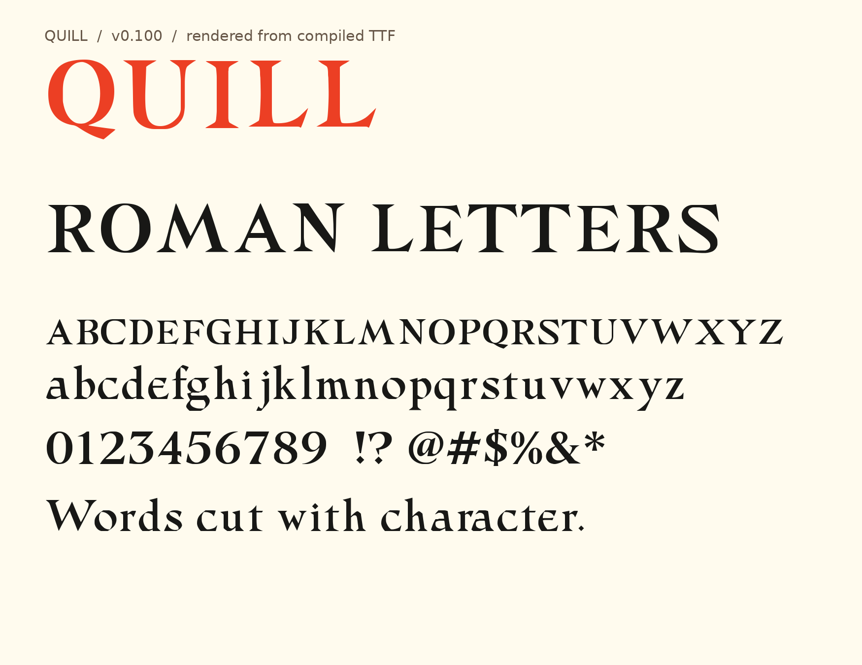 Original QUILL actual-font proof with uppercase, lowercase, numbers, symbols and sample words.