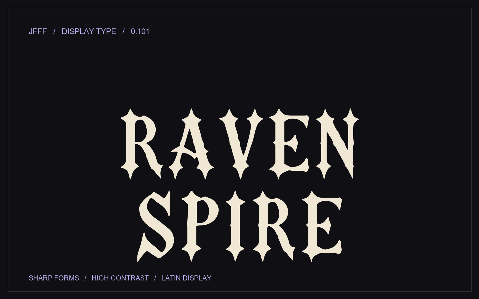 RAVEN SPIRE sharp Gothic display letters on a dark field.